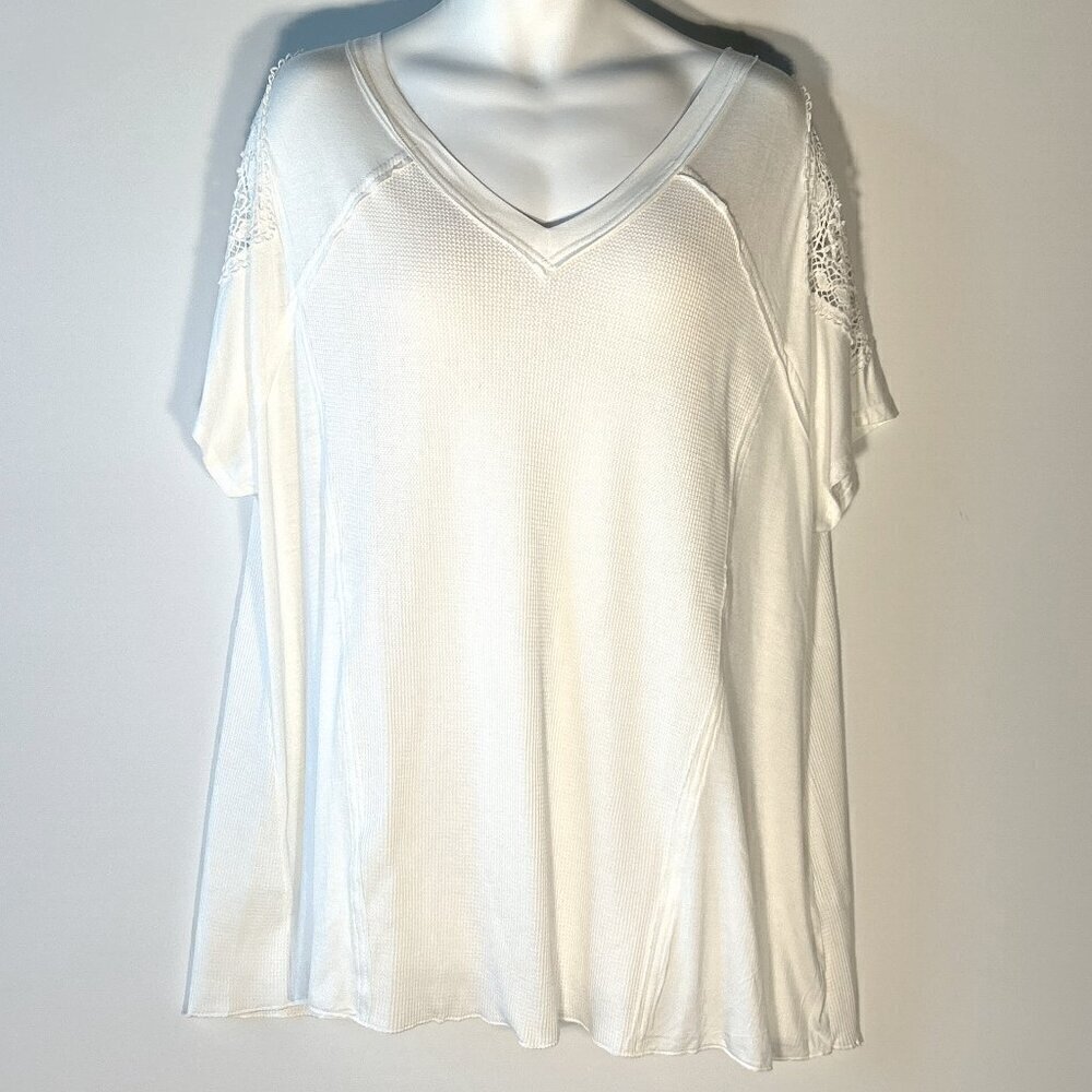 Cato SZ 18/20  NWT White Waffle knit tunic top crochet lace comfy loose casual